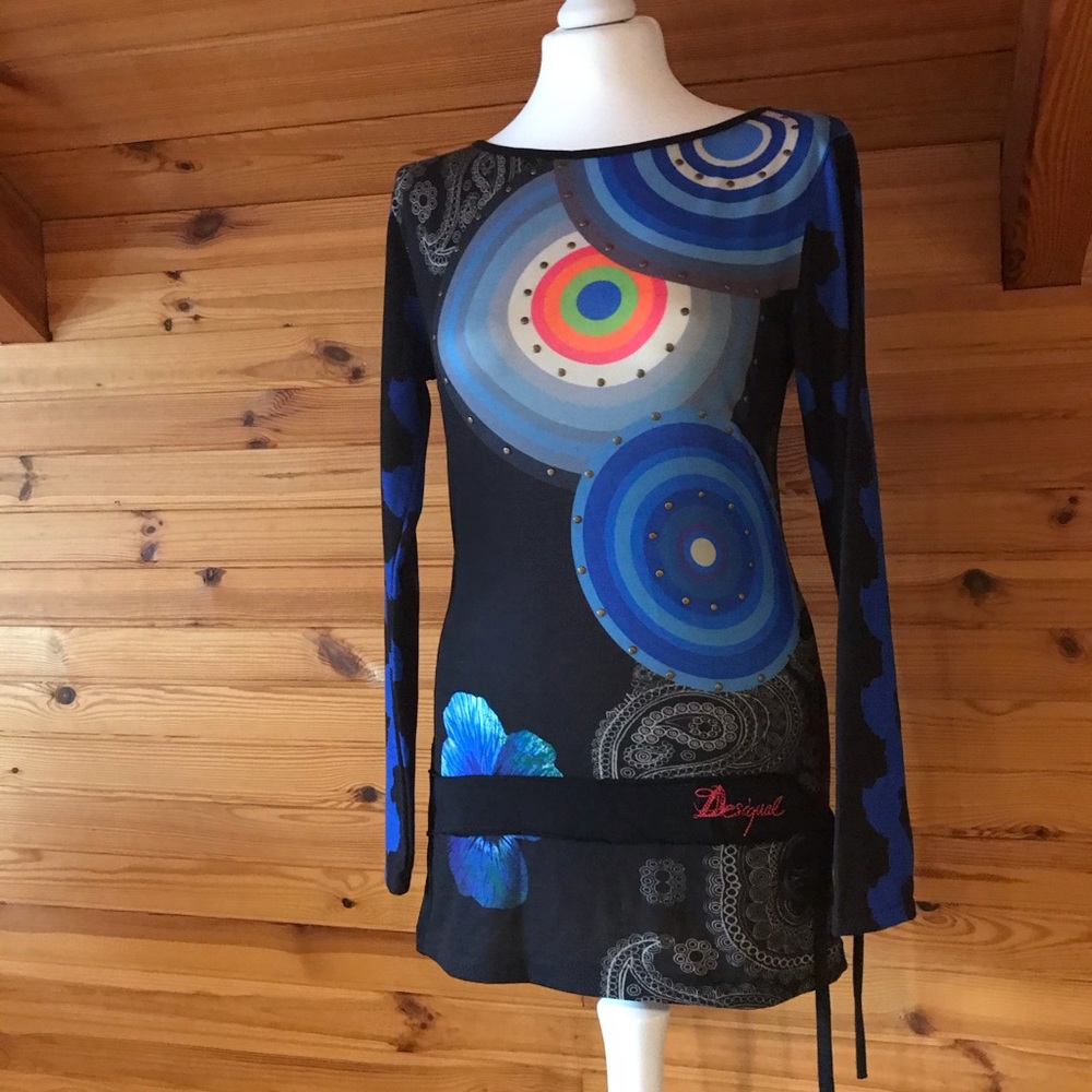 DESIGUEL BLACK BLUE COTTON STUDDED PRINT TUNIC TOP